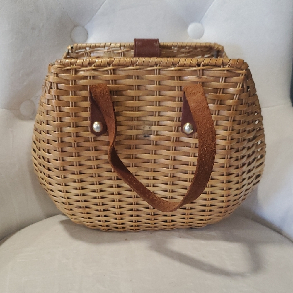 Simon Hand Made Wicker Brown Leather Top Handle Woven Satchel Bag - Picture 14 of 15